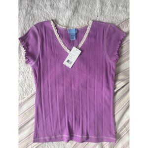 NWT SoBlue short sleeve top with cap sleeves, white ruffled lace trim v neckline